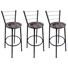 Imagem de Kit 3 Banquetas Alta Preta com Encosto Assento Folhagem Marrom Jaddi