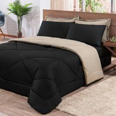 Imagem de Kit Edredom + Jogo De Lençol Aconchego Look House Dupla Face Casal Queen 06 Peças - Preto- Caqui