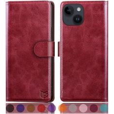 Imagem de SUANPOT Capa carteira protetora com suporte para iPhone 15 de 6,1 polegadas com suporte de cartão de crédito RFID, capa flip de couro PU à prova de choque feminina masculina para Apple 15 capa de