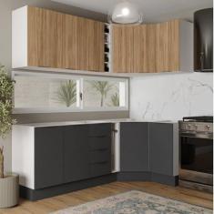 Imagem de Cozinha Modulada 8 Peças sem Tampo com Rodapé 4 Aéreos e 4 Balcões Ipanema Cabecasa Madeiramadeira Grafite Trama/Acácia
