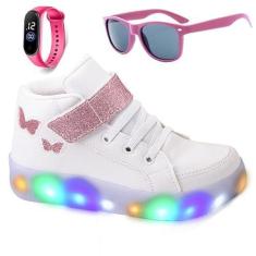 Imagem de Tenis Infantil Feminino De Led Botinha Borboleta Glitter Meninas + Óculos + Relogio