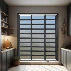 Imagem de Porta de Correr com Travessas 3 Folhas Moveis Sequenciais 210 X 120 Elite com Fecho Automático Vidro Mix Preto