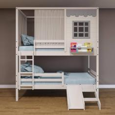 Imagem de Beliche Casinha Reta com Grade Removível Escorregador e Cortina Madeira Maciça Branco/ Cinza Housin