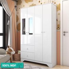 Imagem de Guarda-Roupa Infantil 4 Portas Com Janelas E 2 Gavetas 100% Mdf Ben Móveis Peroba Branco Brilho