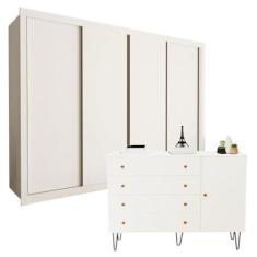 Imagem de Conjunto Guarda-roupa Casal 4 Portas e Cômoda 1 Porta 4 Gavetas Branco