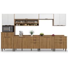 Imagem de Armário De Cozinha Completa Com Balcão Nicho Para Micro Ondas 13 Portas 8 Gavetas Paris Nogal/branco
