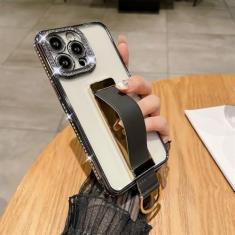 Imagem de Alça de pulso anel de dedo suporte invisível capa de telefone para iPhone 14 15 ProMax 12 13 Pro Max 11 Plus capa luxuosa revestida de diamante, preta, para iPhone 15Pro