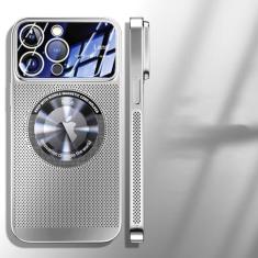 Imagem de Capa magnética de dissipação de calor para iPhone 13 11 12 14 15 Pro Max lente de vidro de malha galvanizada ampliar logotipo capa de telefone, prata, para iPhone 15 Pro