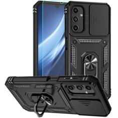 Imagem de Capa para Samsung Galaxy A55 5G, capa de telefone de plástico rígido com amortecedor de borracha de silicone macio com [capa de lente de câmera deslizante] [anel giratório de 360°] [protetor de tela