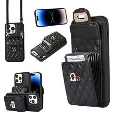 Imagem de Capa carteira acordeão para iPhone 12 Pro Max, capa de telefone de couro com 6 compartimentos para cartão e fecho de metal, capa de telefone à prova de choque com cordão transversal ajustável para