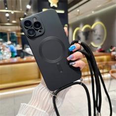 Imagem de Capa magnética de cordão com alça crossbody para iPhone 15 14 13 11 12 Pro Max Plus XS X XR Capa traseira macia de silicone, preta, para iPhone 14Pro Max