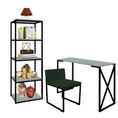 Imagem de Kit Escritório Bex 1 Cadeira Suede Verde com 1 Mesa e 1 Livreiro Ferro Preto MDF Verde Oliva - Ahazzo Móveis