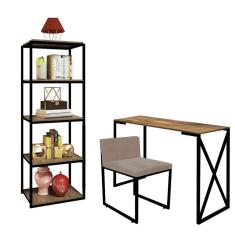 Imagem de Kit Escritório Bex 1 Cadeira Suede Bege com 1 Mesa e 1 Livreiro Ferro Preto MDF Rústico - Ahazzo Móveis