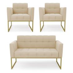 Imagem de Kit 1 Sofá Namoradeira E 2 Poltronas Elisa Suede Bege Base Metálica Industrial Dourada D`rossi