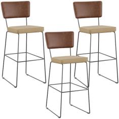 Imagem de Kit 03 Banqueta Alta Cozinha Sala Jantar Allana L02 Couríssimo Marrom Linho Bege Escuro - Lyam Decor