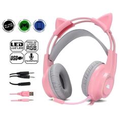 Imagem de Headset Gamer Orelha de Gato rosa Fone Com Microfone P3/P2