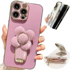Imagem de Pretaco Capa para iPhone 13 Pro com suporte, [suporte oculto para telefone] [Linda flor Relif Rotativa de 360°] [Linha de borda dourada de luxo] Capa de telefone macia e fina para meninas e mulheres -