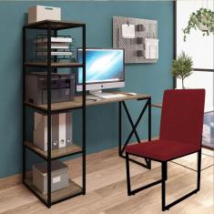 Imagem de Kit Escritório Mesa Max BeX 5 Prateleiras e Cadeira Stan Preto Tampo Freijó Suede Vermelho - Ahz Móveis