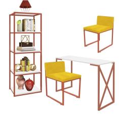 Imagem de Kit Escritório Bex 2 Cadeiras Suede Amarelo com 1 Mesa e 1 Livreiro Ferro Bronze MDF Branco - Ahazzo Móveis