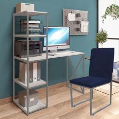 Imagem de Kit Escritório Mesa Max BeX 5 Prateleiras e Cadeira Stan Prata Tampo Branco Sintético Azul Marinho - Ahz Móveis