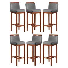 Imagem de Kit 6 Banquetas Alta Estofada com Encosto 38x102 Cm Líbia Madeira Maciça Suede Cinza CCS