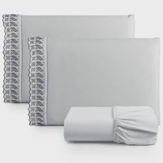 Imagem de Jogo de Lençol Casal 3 Peças Basic Percal 180 Fios Lese Bordado Inglês - Cinza