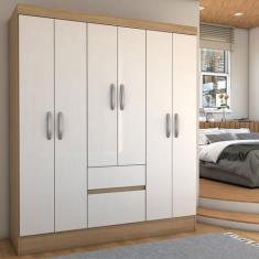 Imagem de Guarda-Roupa Casal Sena Slim 6 Portas 2 Gavetas Amêndola Touch/Off Whi