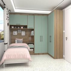 Imagem de Quarto De Canto Solteiro Com Guarda Roupas Cabeceira E Mesa De Cabeceira Paris Luciane Móveis Avelã Pf Com Verde Pf