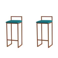Imagem de Kit 2 Banquetas Altas Estofadas Suede Pietra Base Bronze - JOTABE, AZU
