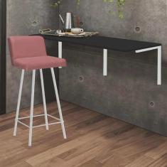 Imagem de Kit Mesa Suspensa de Parede Fixa mdf Preto + 1 Banqueta Lexi Ferro Branco Suede Rose - Ahazzo Móveis