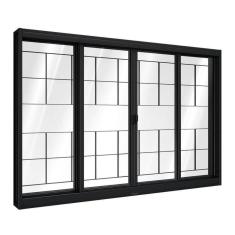 Imagem de Janela de Aço de Correr Central com Grade Quadrada 4 Folhas 120x150cm Aço Pronto Riobras Preto