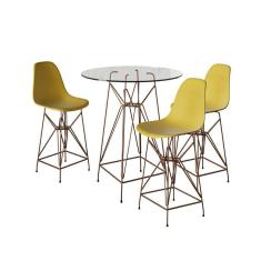 Imagem de Jogo Mesa Bistrô Eames Vidro 60Cm 3 Banquetas Amarela Base Ferro Cobre - Cor: Branco