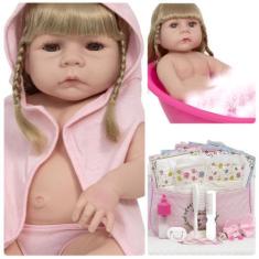 Imagem de Boneca Reborn Grande Cabelo Loiro Saída De Banho + Itens - Cegonha Reb