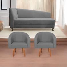 Imagem de Kit Diva Recamier Heitor 160Cm Lado Direito E 02 Poltronas Luiza Suede - Doce Sonho Móveis Cinza