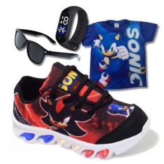 Imagem de Kit Tênis De Led Infantil Menino Masculino Sonic Shadow+ Camisa + Reló