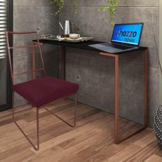 Imagem de Kit Escritório Stark Cadeira e Mesa Industrial Ferro Bronze Tampo MDF Preto Suede Bordô - Ahz Móveis