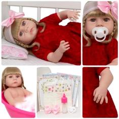 Imagem de Boneca Bebê Reborn Loira Linda Vestido De Renda Kit 13 Itens