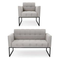 Imagem de Kit 1 Sofá Namoradeira E 1 Poltrona Elisa Veludo Cinza Base Metálica Industrial Preto - D`rossi