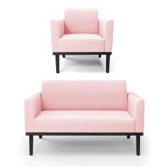 Imagem de Sofá Namoradeira Com Poltrona Base De Madeira Fixa Preto Marisa Suede Rosa Bebê D03 - D'Rossi