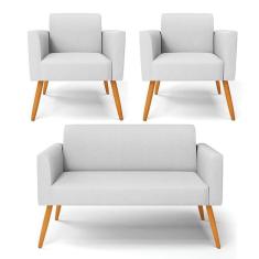 Imagem de Sofá Namoradeira Com 2 Poltronas Pés Palito Castanho Marisa Linho D03 - D\`rossi Cor A05 Cinza