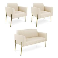 Imagem de Sofá Namoradeira E 2 Poltronas Pé De Ferro Dourado Marisa Linho D03 Bege