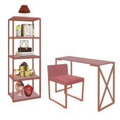 Imagem de Kit Escritório Bex 1 Cadeira Suede Rose com 1 Mesa e 1 Livreiro Ferro Bronze MDF Rose Rosa - Ahazzo Móveis