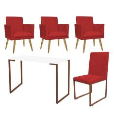 Imagem de Kit Escritório Stan 3 Poltronas Rodapé com Cadeira e Mesa Industrial Branco Bronze Suede Vermelho - Ahz Móveis