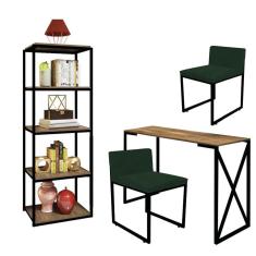 Imagem de Kit Escritório Bex 2 Cadeiras Suede Verde com 1 Mesa e 1 Livreiro Ferro Preto MDF Carvalho - Ahazzo Móveis