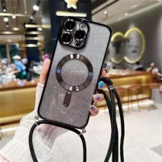 Imagem de Capa magnética com glitter gradiente de cordão crossbody para iPhone 15 14 13 12 11 Pro Max Plus chapeamento capa traseira de TPU macio, preta, para iPhone 12 Pro