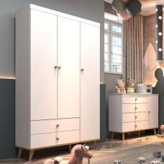 Imagem de Quarto de Bebê Lígia Guarda Roupa 3 Portas com Gavetas Cômoda Infantil 4 Gavetas com Porta Branco Fosco com Bétula Carolina Baby