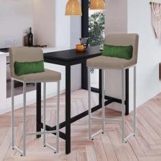 Imagem de Kit 02 Banqueta Alta com Encosto Lucca Industrial Cozinha Balcão Ferro Prata Suede Bege e Almofada Verde - Ahazzo Móveis