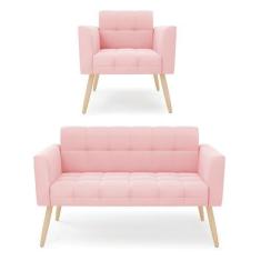 Imagem de Kit 1 Sofá Namoradeira E 1 Poltrona Elisa Suede Rosa Bebê Pés Palito N