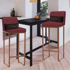 Imagem de Kit 02 Banqueta Alta com Encosto Lucca Industrial Cozinha Balcão Ferro Bronze Suede Bordô e Almofada Marrom - Ahazzo Móveis