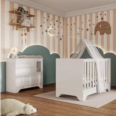 Imagem de Quarto de Bebê Cômoda 1 Porta com Janela e Berço Minicama 100% Mdf Liam Espresso Móveis Branco Brilho